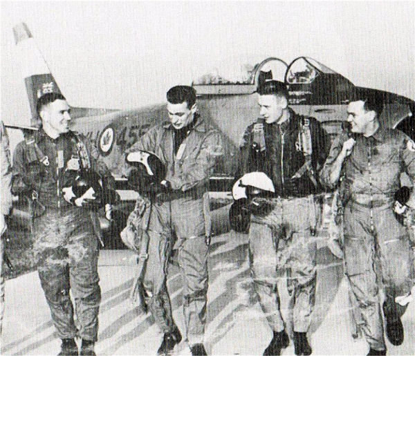 Newspaper Clipping – From RCAF 4 (F) Wing Baden-Soellingen's "Schwarzwald-Flieger" magazine--the April 1956 issue. "Farewell to the Skylancers: This recent photograph is the "Flieger's" last tribute to a gallant team. Sadly missed by us all are (left to right): Flying Officers Ed Welters, Dale McLarty, Jake Adams and Freddy Axtell."