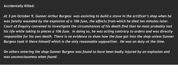 Accidentally Killed:  At 3 pm October 9, Gunner Arthur Burgess  was assisting to build a stove in the artificer’s shop when he was fatally wounded by the explosion of a 106 fuse, the effects from which he died ten minutes later. Court of Enquiry convened to investigate the circumstances of his death find that he most probably lost his life while taking to pieces a 106 fuse.  In doing so, he was acting contrary to orders and was directly responsible for his own death. There is no evidence to show how the fuse got into the shop unless Gunner Burgess took it there himself which is the only reasonable supposition.  He was on duty at the time.  On others entering the shop Gunner Burgess was found to have been badly injured by an explosion and was unconsciousness when found.